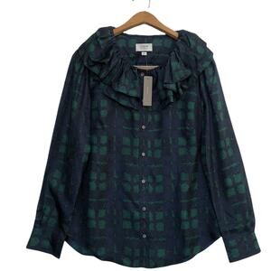 J.Crew Collection | NWT 100% Silk Ruffle Twill Plaid Top